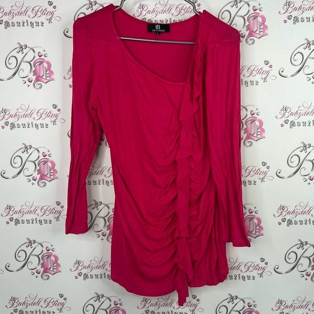 iB diffusion long sleeve ruffle top pink bright  Fuchsia Ruffled Blouse